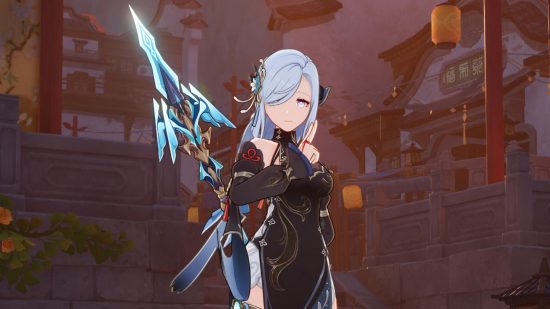Genshin Impact skins: an in-game look at Shenhe's new outfit, while she holds a spear