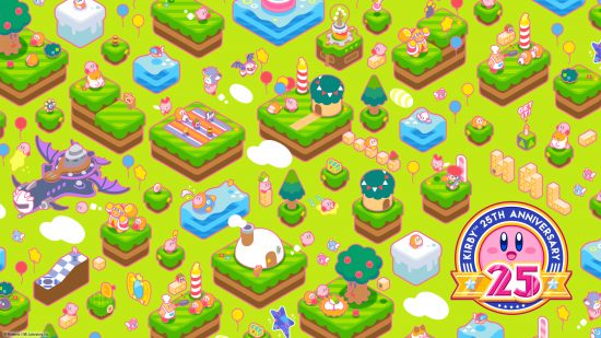 Kirby wallpapers: An official Kirby 25th anniversary wallpaper showing cute mini biomes of Dream Land landmarks on a light green background, with a Kirby 25th Anniversary logo in the bottom right corner.