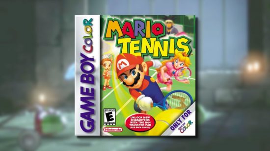 Mario characters on the cover art for Mario Tennis on the GameBoy Colour. Mario is swinging, with Peach behind doing the same.