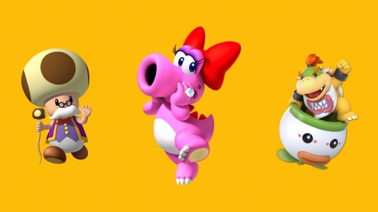 Three Mario characters on a mango yellow background. First, Toadsworth, an old man with small glasses a stick, a white moustache over his mouth, and a fancy purple outfit, also with a mushroom for hair. Second, in the middle, Birdo, a dinousaur in pink with a bow for hair and a big wide snout like a pipe. lastly, Mario character Bowser Jr, a small tortoise with a fierce look in hovercraft with a smily face on it. Also he is wearing a bib with teeth drawn on it