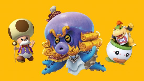 Three Mario characters on a mango yellow background. First, Toadsworth, an old man with small glasses a stick, a white moustache over his mouth, and a fancy purple outfit, also with a mushroom for hair. Second, in the middle, Mollosque Launcher - a jellyfish with big blond sideburns in a curl, fluffy eyebrows, and white bands around their neck. Lastly, Mario character Bowser Jr, a small tortoise with a fierce look in hovercraft with a smily face on it. Also he is wearing a bib with teeth drawn on it