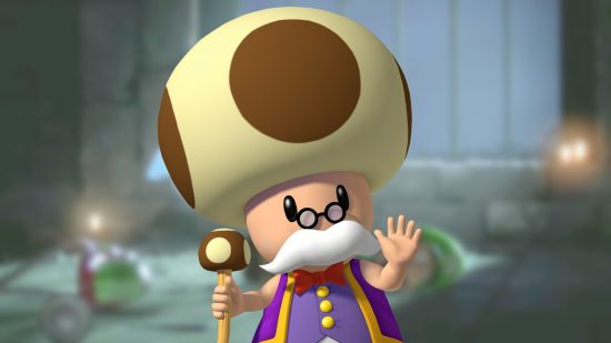 Mario character Toadsworth, an old man with small glasses a stick, a white moustache over his mouth, and a fancy purple outfit, also with a mushroom for hair.