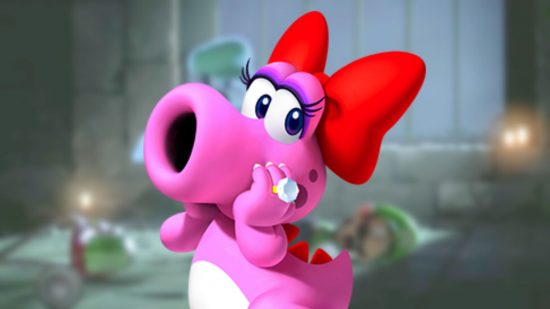 Mario character Birdo, a dinousaur in pink with a bow for hair and a big wide snout like a pipe.