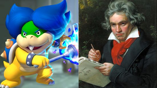 Mario character Ludwig, a tortoise with spiky blue hair, next to a picture of Ludwig van Beethoven, the famous composer.