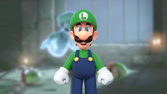 Mario character Luigi, stood in a straight pose looking happy.He is a man with a green hat and shirt, white gloves, and blue dungarees. He has a bushy moustache and a big round nose.