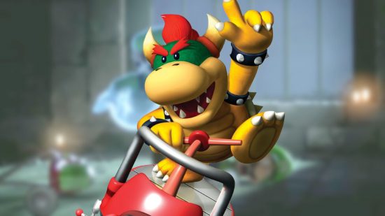 Mario character Koopa Kid, a dinousaur type tortoise with a finger in the air, all yellow and green, looking like a cartoon character.