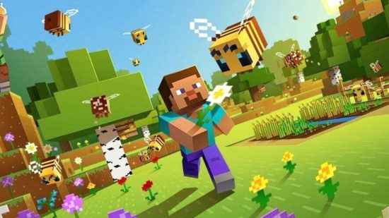 Minecraft mobs: Steve chasing a bee