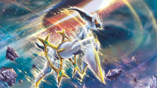 Pokémon wallpaper showing a large four legged creature all enshrouded in gold light and golden bone structures on an astral background.