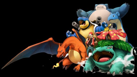 Pokémon wallpaper showing many creatures crowded around a man in a red hat. There's a red dragon, a turquoise tortoise, a giant green and white panda-like bear, a turtle with cannons on its back, and more.