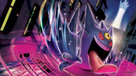 Tapeta Pokémon przedstawiająca Gengara, fioletowe upiorne stworzenie z gigantycznym językiem wystającym z szerokiego zębatego uśmiechu, w artystycznym wirze fioletowego i kolorowego światła.