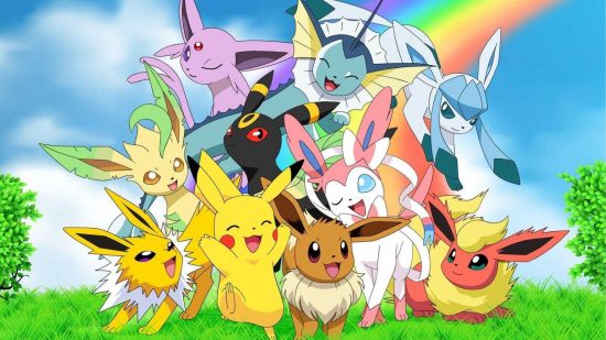 Pokémon wallpaper showing a litany of different creatures -- a yellow rat like thing, a brown pointy eared dog-like Eevee, and yellow version with harsh eyes, a black version that looks ethereal, a purple version that looks sleepy, a blue version with gill-like tendrils looking jelly, and a bunch more similar.