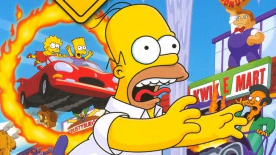 Simpsons Hit and Run: Homer in front of chaotic Springfield events