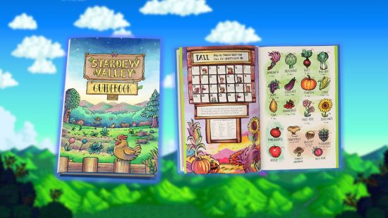 The cover of the Stardew Valley guidebook and a page dedicated to Fall produce