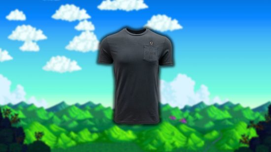 Stardew Valley krobus shirt: a grey t-shirt with a pocket design