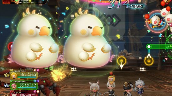 Theatrhythm Final Bar Line review - two fat chocobo fall onto a stage
