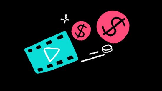 TikTok download header art showing a film reel in blue with a play button on it drawn all cartoony next to some dollar signs in pink circles and dashes to suggest movement, all on a black background.