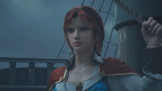 Uncharted Waters Origin release: A female pirate on deck of a ship in gloomy weather