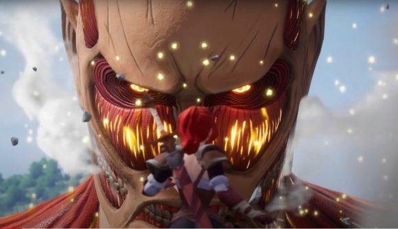 Awaken: Chaos Era x Attack on Titan: A giant Titan head with flaming eyes looking down at a small, red-haired character from ACE.