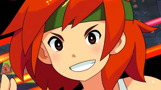 Advance Wars 1+2 Re-Boot Camp eshop update header whowing a woman with big eyes, a toothy grin, and half-length red hair around a green, military-style headband.