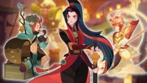 AFK Arena Merchants Adventures Fortune Firecrackers: Three characters from AFK Arena, Rowan, Mulan, and Wu Kong, outlined in white and layered over slightly blurred key art for A Prosperous Quest.
