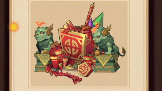 AFK Arena Fortune Firecrackers: A screenshot of the Fortune Firecracker art, featuring the two statues that attack the player during combat. 