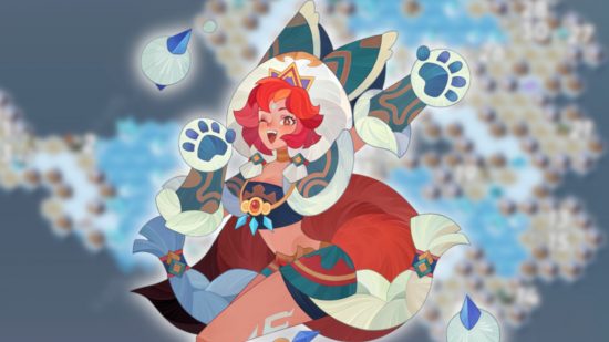 AFK Arena Midwinter Wonderland: A picture of Satrana's new winter skin, outlined in white and pasted on a blurred section of the Midwinter Wonderland event map.