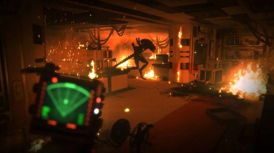 Alien games: a screenshot from Alien Isolation shows the player holding a radar, and hiding from the Xenomorph