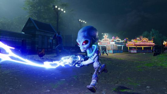Alien games: a screenshot from Destroy All Humans shows an Alien grey running while brandishing some sort of ray