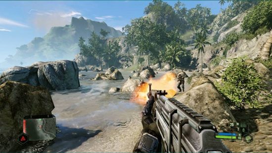 Alien games: a FPS view shows a large rifle shooting at an alien soldier on a beach