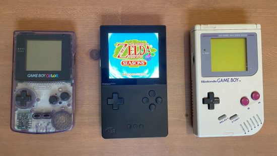 Analogue Pocket review: an Analogue Pocket is shown beside an original Game Boy and a Game Boy Colour
