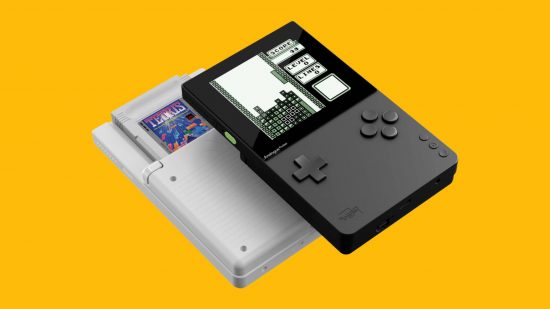 Analogue Pocket review: key art of the Analogue Pocket is shown against a yellow background