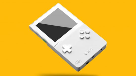 Analogue Pocket review: awhite analogue pocket is visisble against a yellow background