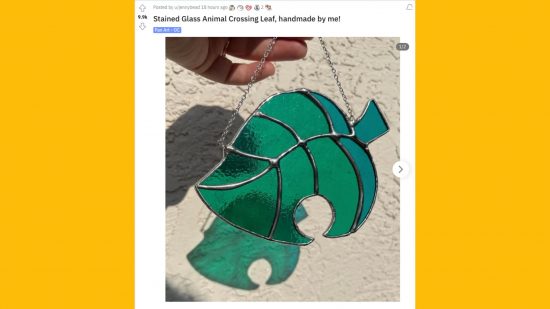 Animal Crossing DIY - A reddit post on a mango background. The picture shows a glass leaf on a thin chain.