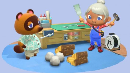Animal Crossing DIY - two big headed cartoon characters stood by a workbench and some wood and rocks on the floor. On the right is a woman with grey hair in blue dungarees, arms aloft holding a hammer. On the left is a tanuki in an aloha shirt, looking suspicious.