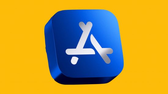 Apple App Store removals -- a large silver A on a 3D tile in shiny blue on a large yellow background.