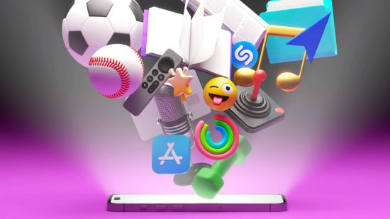 Apple entertainment update: promotional imagery shows an iPhone beaming out a series of icons based on the various Apple services and subscriptions
