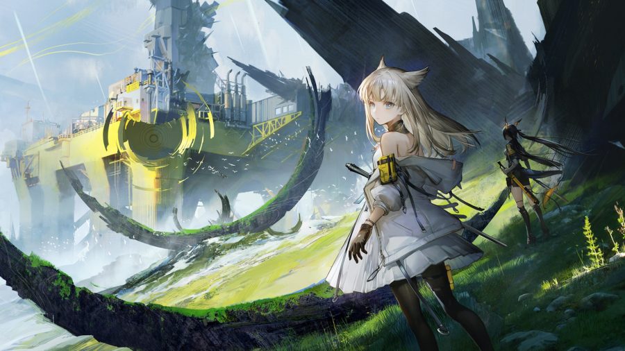 A girl stood in front of ruins on a grassy plain