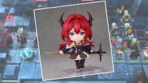 Arknights merch - the Arknights Surtr Nendroid holding her sword and smiling