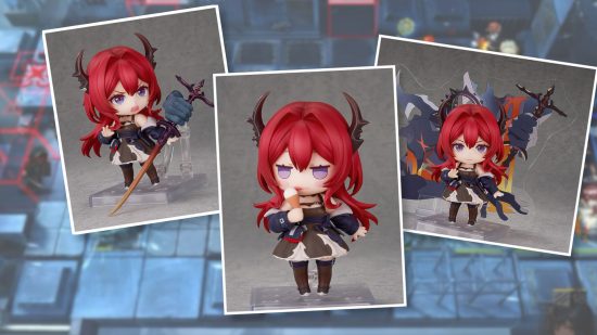 Arknights merch - several overlapping pictures of the Arknights Surtr Nendroid