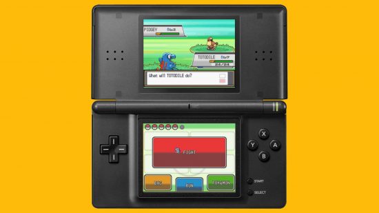 Best DS games: a black Nintendo DSi is shown against a yellow background, with the screens showing the game Pokémon Soul Silver