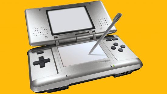 Best DS games: a product shot shows the original Nintendo DS against a yellow background