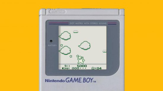 The best Game Boy games: a game boy is shown with a screenshot of Kirby's Dream Land