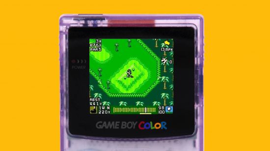 The best Game Boy games: a game boy is shown with a screenshot of Mario Golf