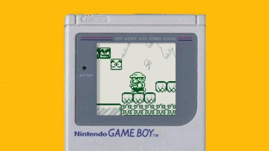 The best Game Boy games: a game boy is shown with a screenshot of Wario Land