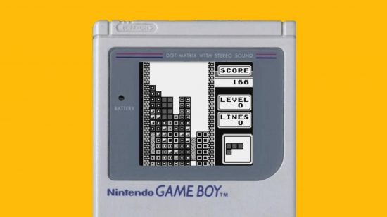 The best Game Boy games: a game boy is shown with a screenshot of Tetris