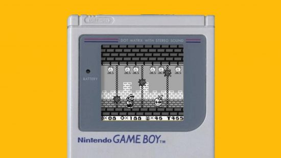 The best Game Boy games: a game boy is shown with a screenshot of Super Mario Golden 2