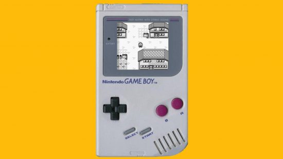 The best Game Boy games: a game boy is shown with a screenshot of Pokémon