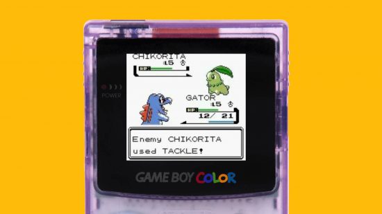 The best Game Boy games: a game boy is shown with a screenshot of Pokémon