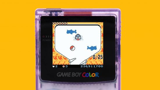 The best Game Boy games: a game boy is shown with a screenshot of Pokémon Pinball