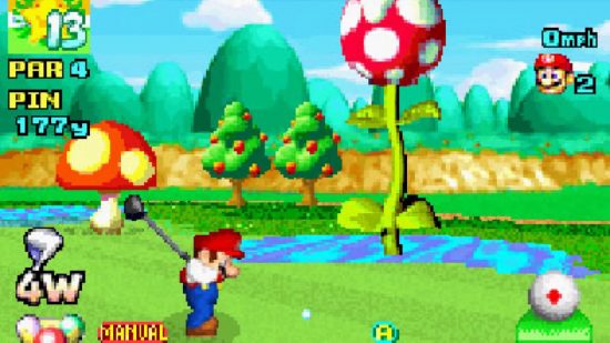 Screenshot of Mario teeing off in Mario Golf for best GBA games list